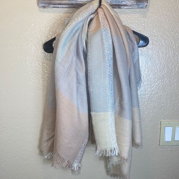C large square scarf soft raw edges muted pink blue tan colorful yarn woven in - Picture 1 of 5